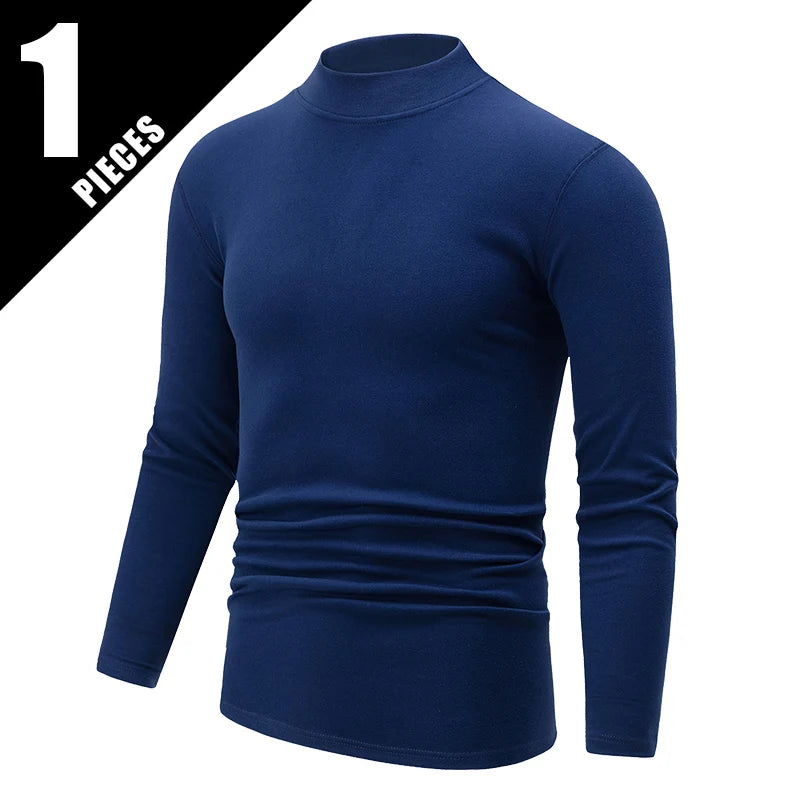 1/2piece Autumn And Winter Men's Semi High Neck Fashionable Base Long Sleeved Top Solid Color Casual Sports Fitness Warm T-shirt
