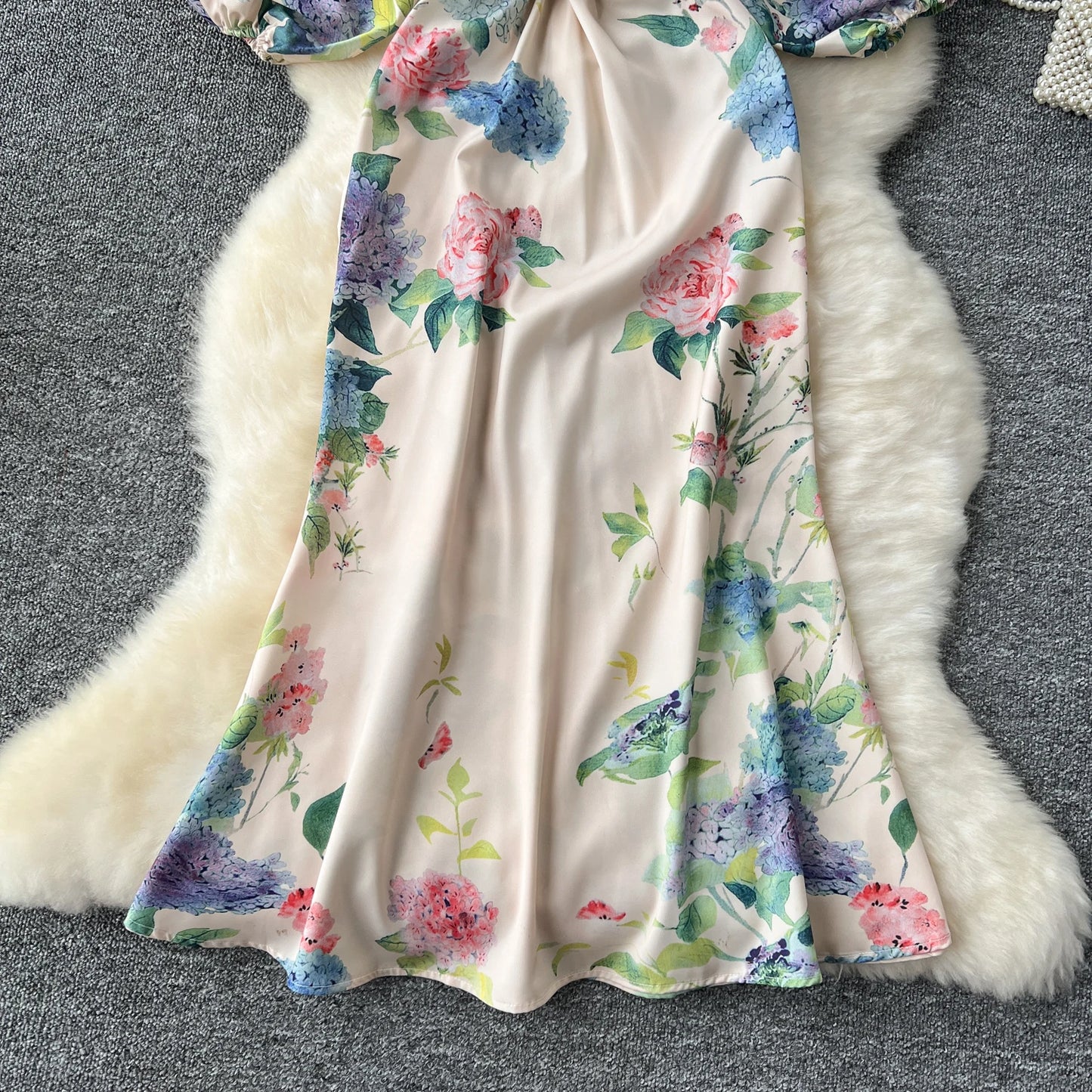 Elegant sweet High Waist V-neck pleated print Lantern Sleeve Dress Vacation Slim Women Party mermaid dresses