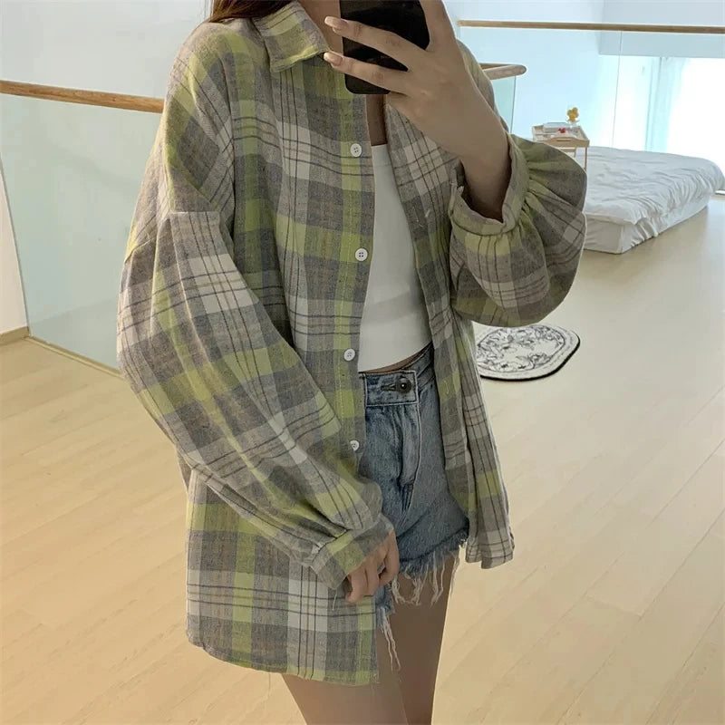 Plaid Shirt Women Fashion Autumn Long Sleeve Top Female Vintage Single Breasted Blouse Ladies Preppy Style Loose Check Shirts