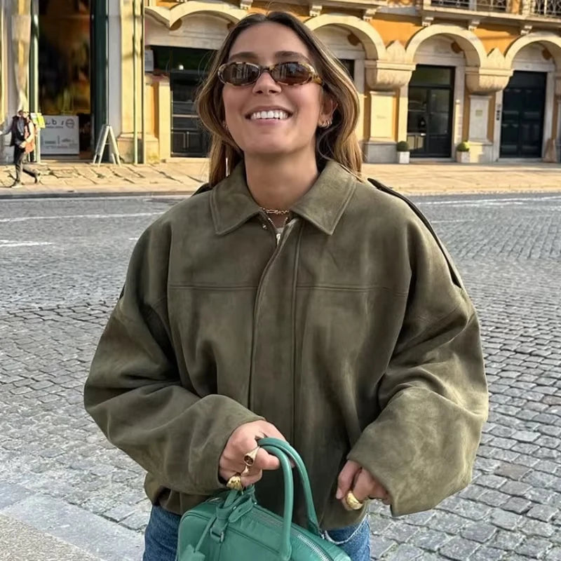 HXAO Women's Bomber Jacket Lapel Long Sleeve Zipper Suede Jacket Women 2025 High Street Cropped Racing Jackets Coats Outerwears