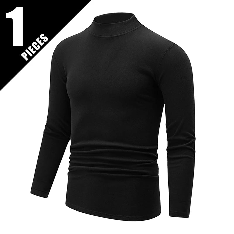 1/2piece Autumn And Winter Men's Semi High Neck Fashionable Base Long Sleeved Top Solid Color Casual Sports Fitness Warm T-shirt