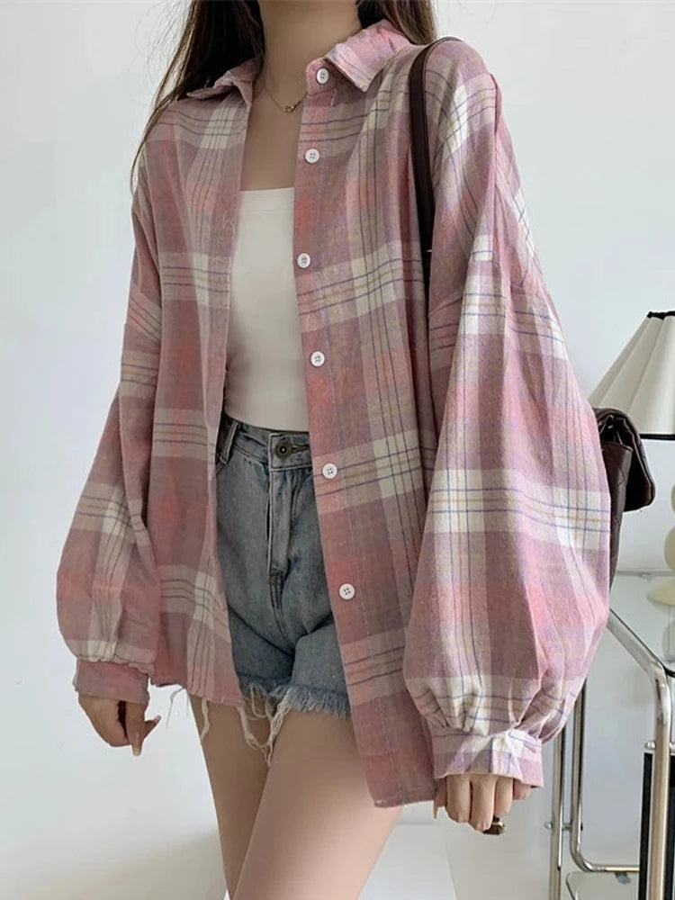Plaid Shirt Women Fashion Autumn Long Sleeve Top Female Vintage Single Breasted Blouse Ladies Preppy Style Loose Check Shirts