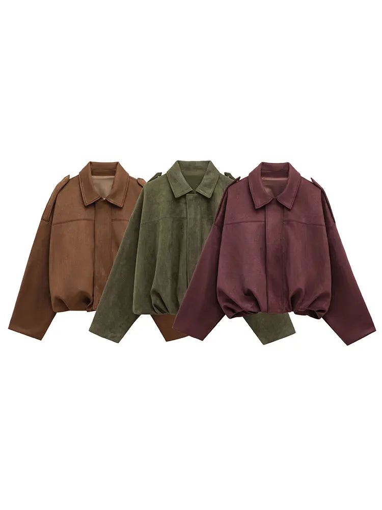 HH Women Brown Green Suede Jacket Loose Casual Bomber Coat Lapel Zipper Long Sleeve Jackets Vintage Lady Motorcycle Outwears