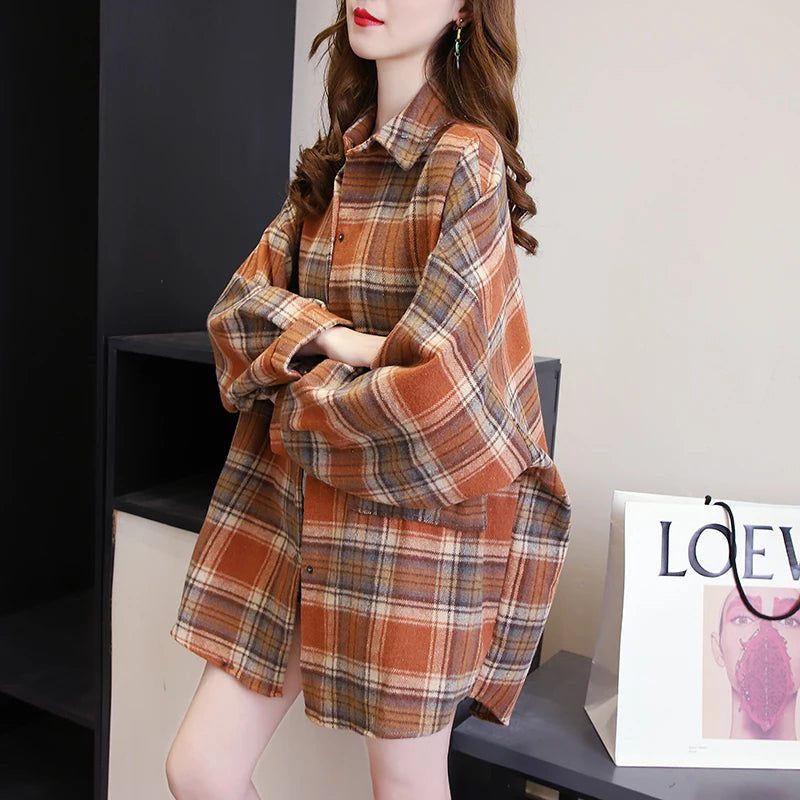 Plaid Shirt Women Fashion Autumn Long Sleeve Top Female Vintage Single Breasted Blouse Ladies Preppy Style Loose Check Shirts