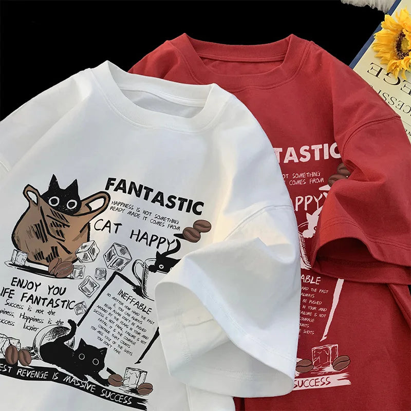 New Men Women T Shirt Pullover Oversize Korean version Cartoon Cat Group Printed T-Shirt Casual Short Sleeve Couples T-Shirt