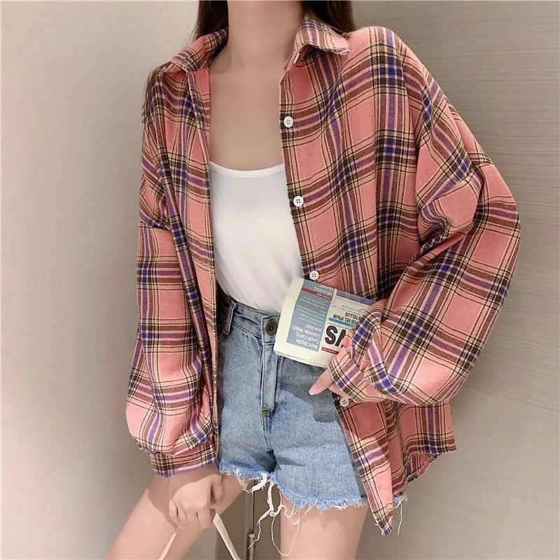 Plaid Shirt Women Fashion Autumn Long Sleeve Top Female Vintage Single Breasted Blouse Ladies Preppy Style Loose Check Shirts